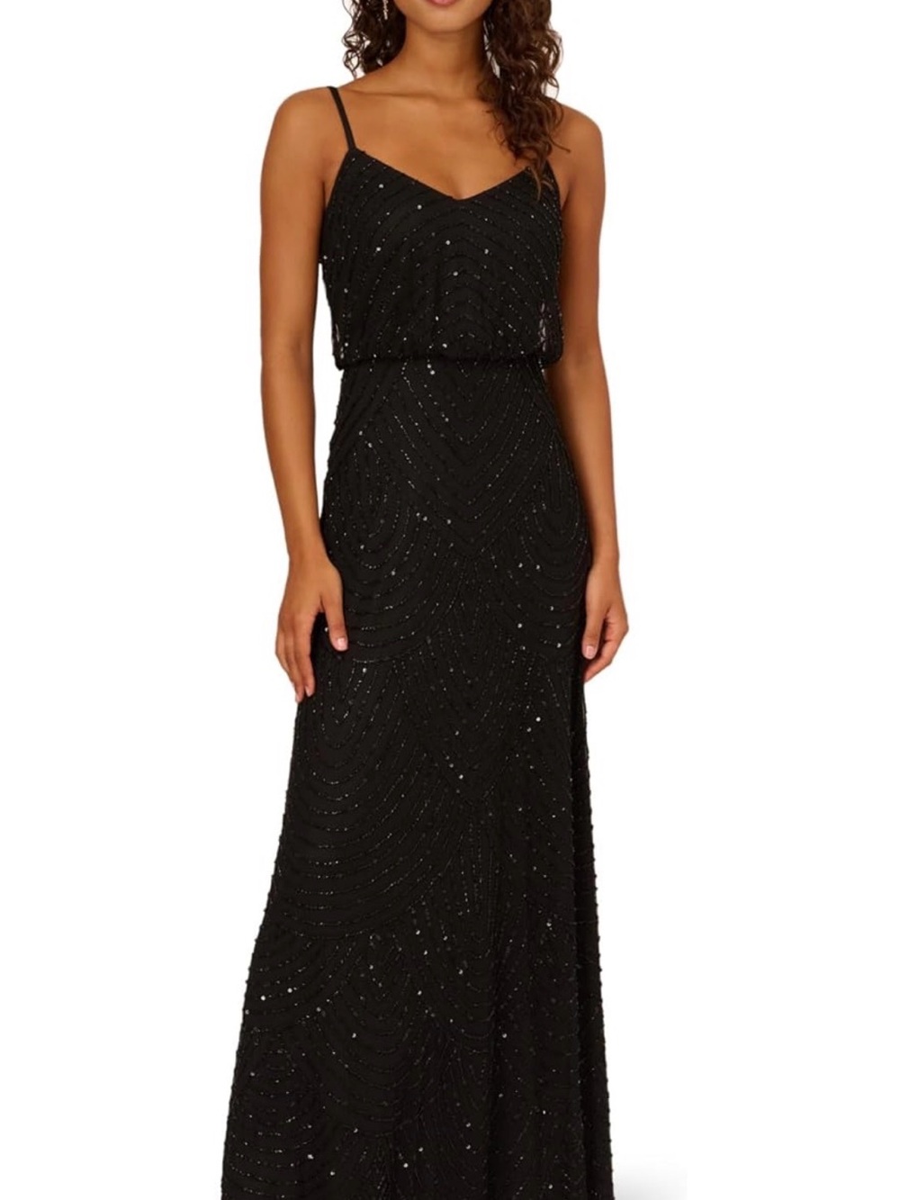 Adrianna Papell Art Deco Beaded Blouson Long Gown Black Bridal Formal Event